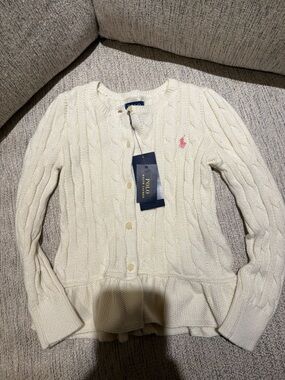 Polo by Ralph Lauren Cream Cable-Knit Peplum Cardigan with Pink Pony